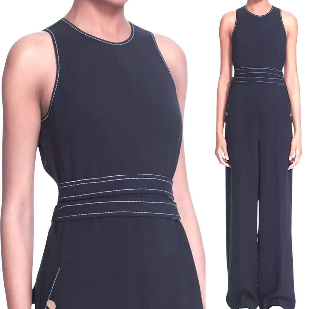 $695 Jason Wu Double Tie Jumpsuit 4 Small Black Sleeveless White Topstitching